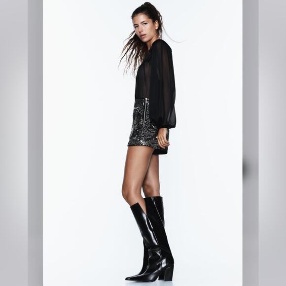 Zara Black ORGANZA BIB COLLAR BLOUSE Size Large - Picture 3 of 12